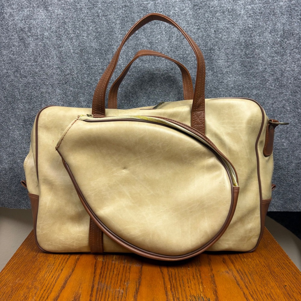 Vintage Carnaby Tennis Bag Racket Carrier Tan Brown Faux Leather Retro Sports